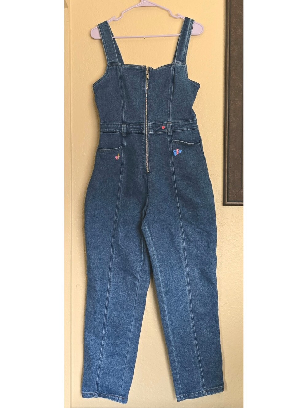 Blashe Denim Zip-Front Jumpsuit w Embroidered Details Womens/Jrs Sz L Dark Blue